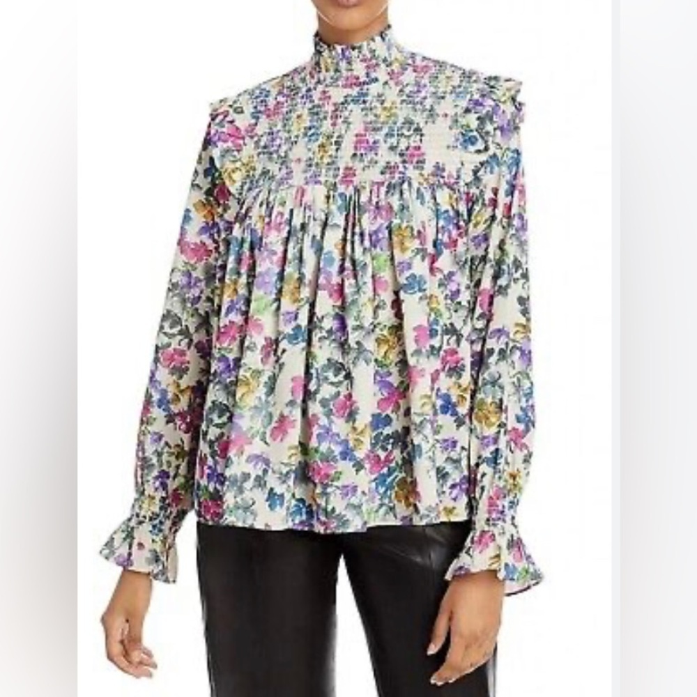 French Connection Black and White Smocked Blouse